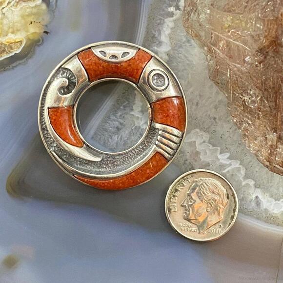Carolyn Pollack Southwestern Style Sterling Silver Coral Chip Inlay Ring Brooch